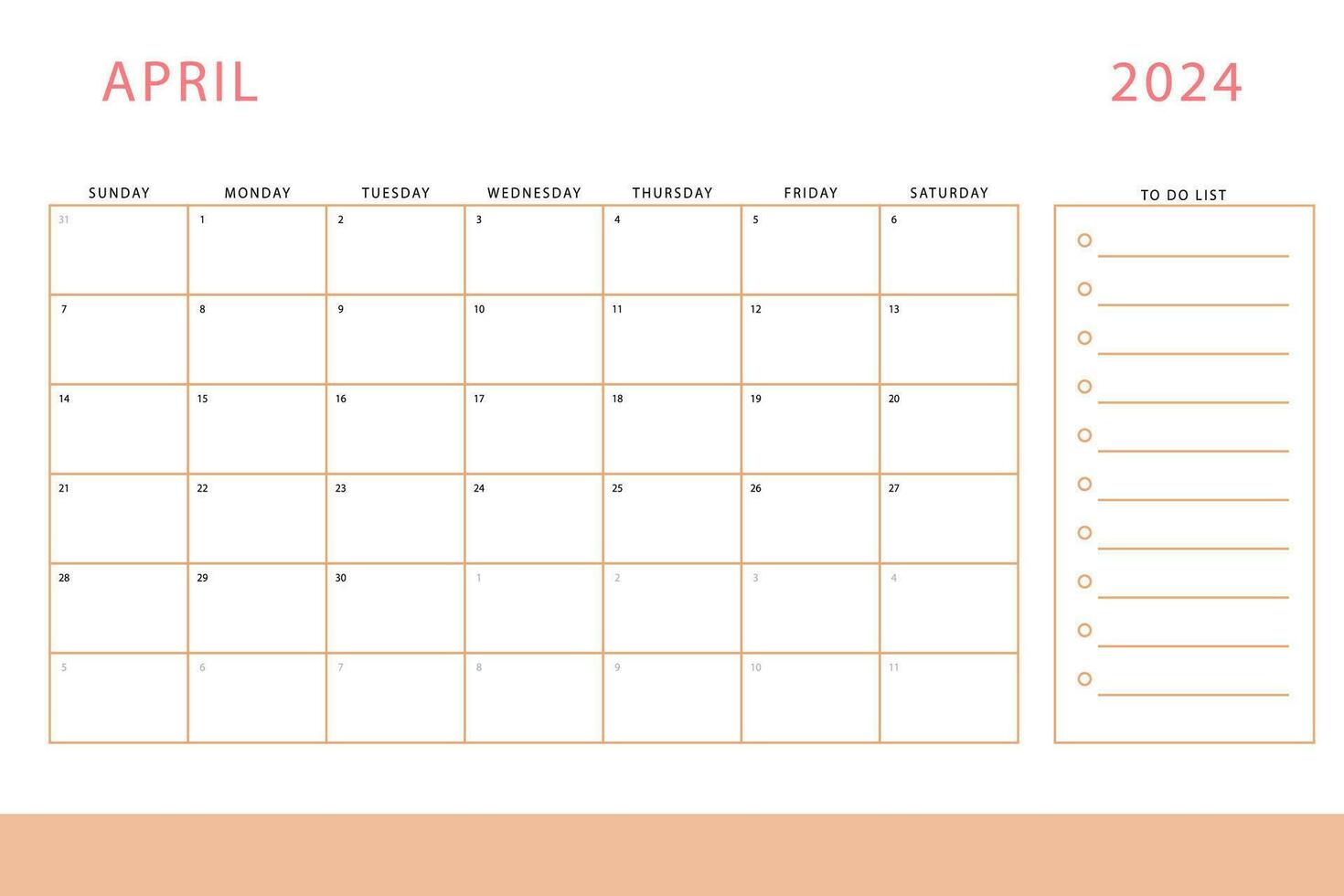 avril 2024 calendrier. mensuel planificateur modèle. dimanche commencer. vecteur conception