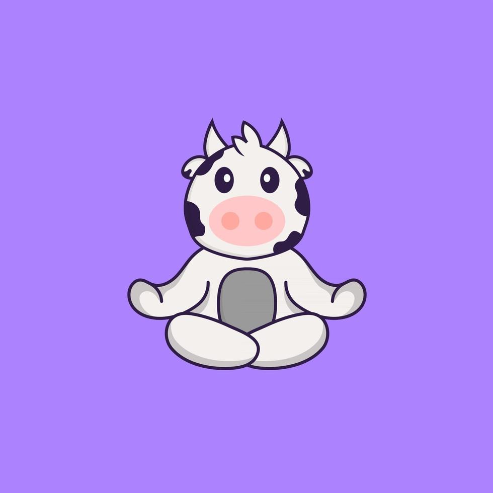 la vache mignonne médite ou fait du yoga. concept de dessin animé animal isolé. peut être utilisé pour un t-shirt, une carte de voeux, une carte d'invitation ou une mascotte. style cartoon plat vecteur