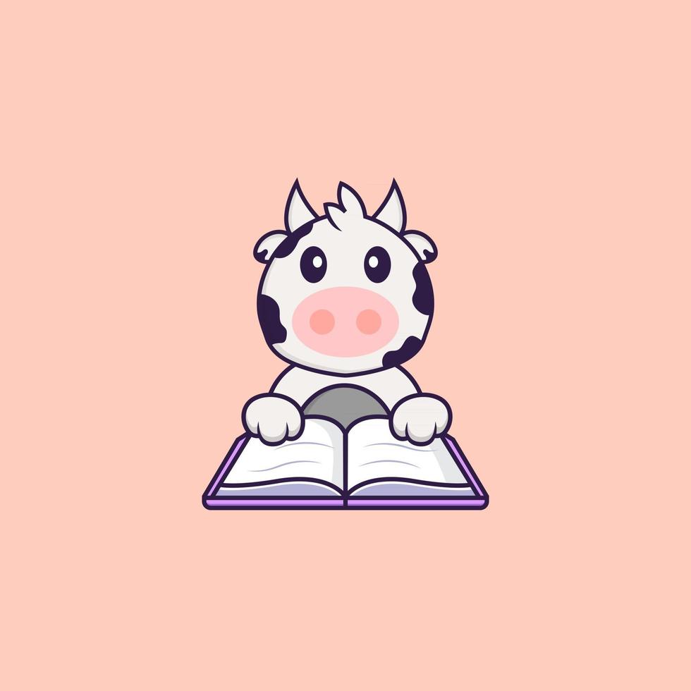 vache mignonne lisant un livre. concept de dessin animé animal isolé. peut être utilisé pour un t-shirt, une carte de voeux, une carte d'invitation ou une mascotte. style cartoon plat vecteur