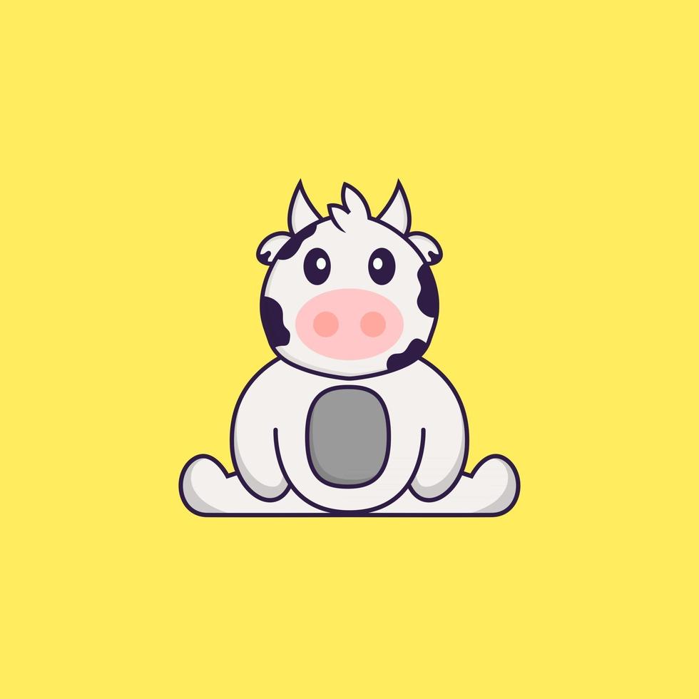 la vache mignonne est assise. concept de dessin animé animal isolé. peut être utilisé pour un t-shirt, une carte de voeux, une carte d'invitation ou une mascotte. style cartoon plat vecteur