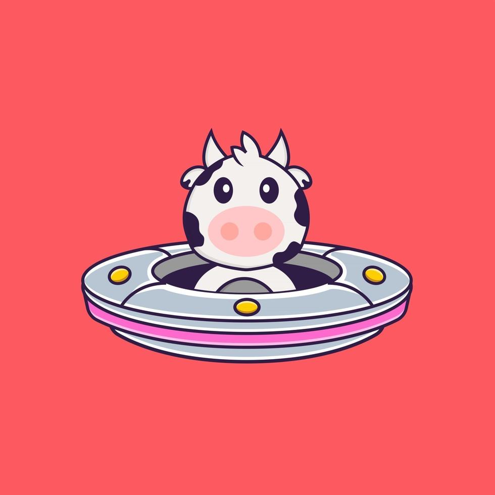 vache mignonne conduisant un vaisseau spatial ovni. concept de dessin animé animal isolé. peut être utilisé pour un t-shirt, une carte de voeux, une carte d'invitation ou une mascotte. style cartoon plat vecteur