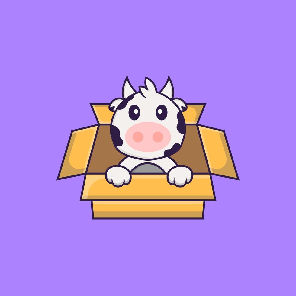 vache mignonne jouant dans la boîte. concept de dessin animé animal isolé. peut être utilisé pour un t-shirt, une carte de voeux, une carte d'invitation ou une mascotte. style cartoon plat vecteur