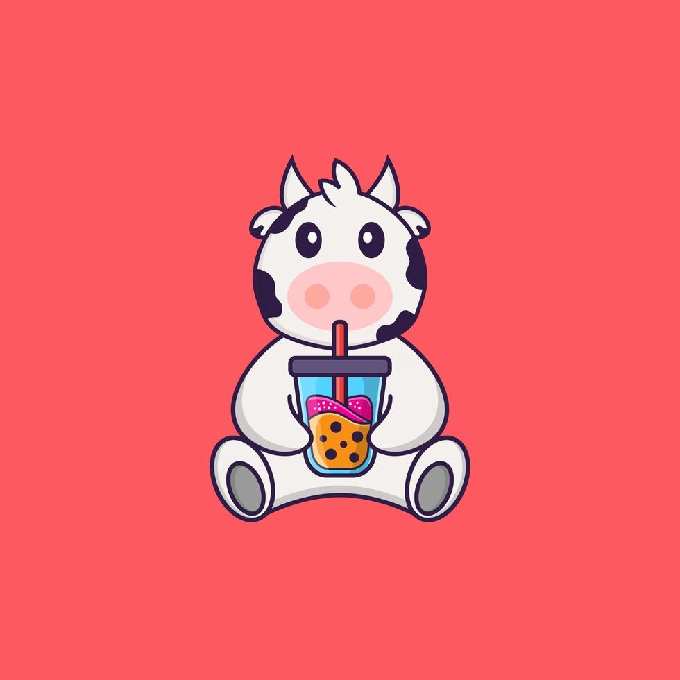 vache mignonne buvant du thé au lait boba. concept de dessin animé animal isolé. peut être utilisé pour un t-shirt, une carte de voeux, une carte d'invitation ou une mascotte. style cartoon plat vecteur