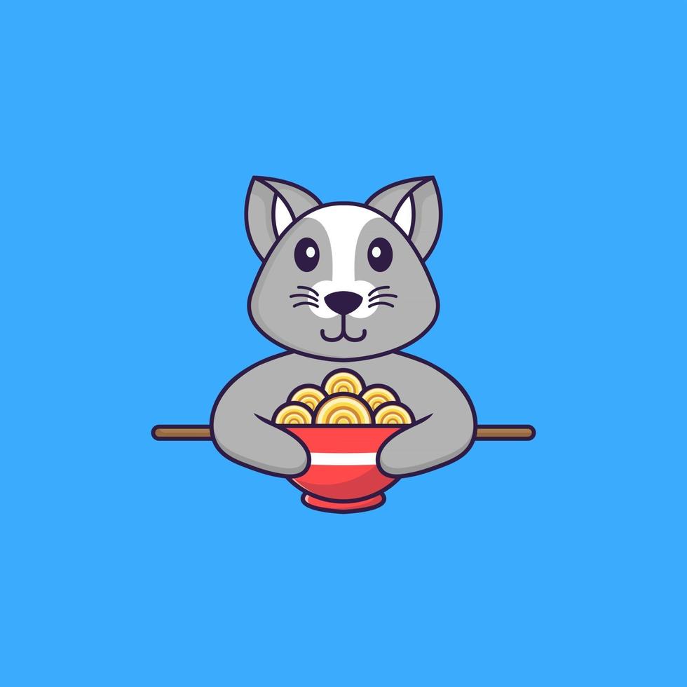 rat mignon mangeant des nouilles ramen. concept de dessin animé animal isolé. peut être utilisé pour un t-shirt, une carte de voeux, une carte d'invitation ou une mascotte. style cartoon plat vecteur