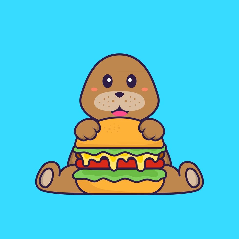 chien mignon mangeant un hamburger. concept de dessin animé animal isolé. peut être utilisé pour un t-shirt, une carte de voeux, une carte d'invitation ou une mascotte. style cartoon plat vecteur