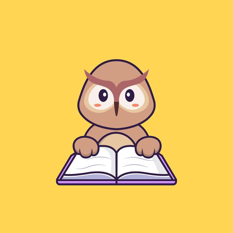 hibou mignon lisant un livre. concept de dessin animé animal isolé. peut être utilisé pour un t-shirt, une carte de voeux, une carte d'invitation ou une mascotte. style cartoon plat vecteur