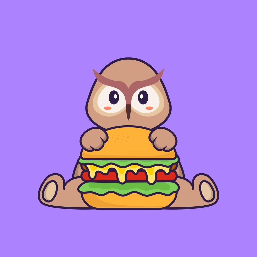 hibou mignon mangeant un hamburger. concept de dessin animé animal isolé. peut être utilisé pour un t-shirt, une carte de voeux, une carte d'invitation ou une mascotte. style cartoon plat vecteur