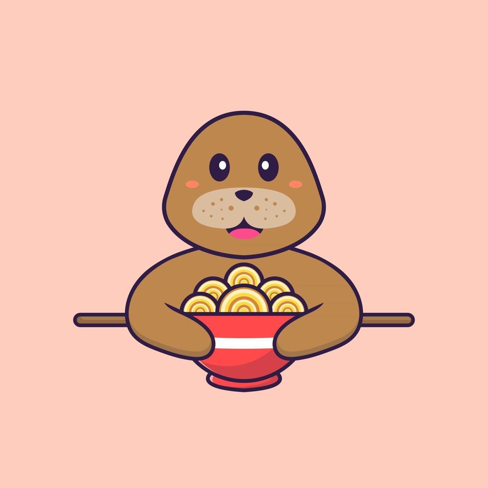 chien mignon mangeant des nouilles ramen. concept de dessin animé animal isolé. peut être utilisé pour un t-shirt, une carte de voeux, une carte d'invitation ou une mascotte. style cartoon plat vecteur