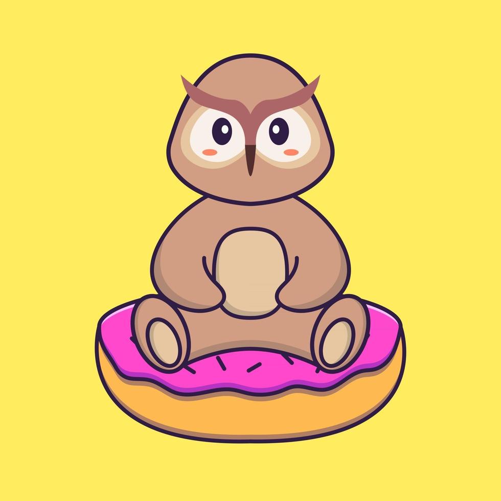 chouette mignonne est assise sur des beignets. concept de dessin animé animal isolé. peut être utilisé pour un t-shirt, une carte de voeux, une carte d'invitation ou une mascotte. style cartoon plat vecteur