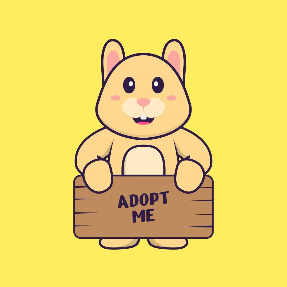 lapin mignon tenant une affiche adopte-moi. concept de dessin animé animal isolé. peut être utilisé pour un t-shirt, une carte de voeux, une carte d'invitation ou une mascotte. style cartoon plat vecteur