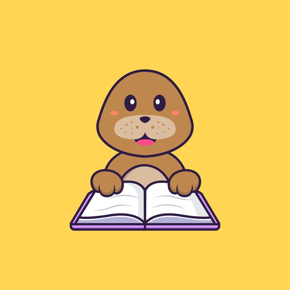 chien mignon lisant un livre. concept de dessin animé animal isolé. peut être utilisé pour un t-shirt, une carte de voeux, une carte d'invitation ou une mascotte. style cartoon plat vecteur