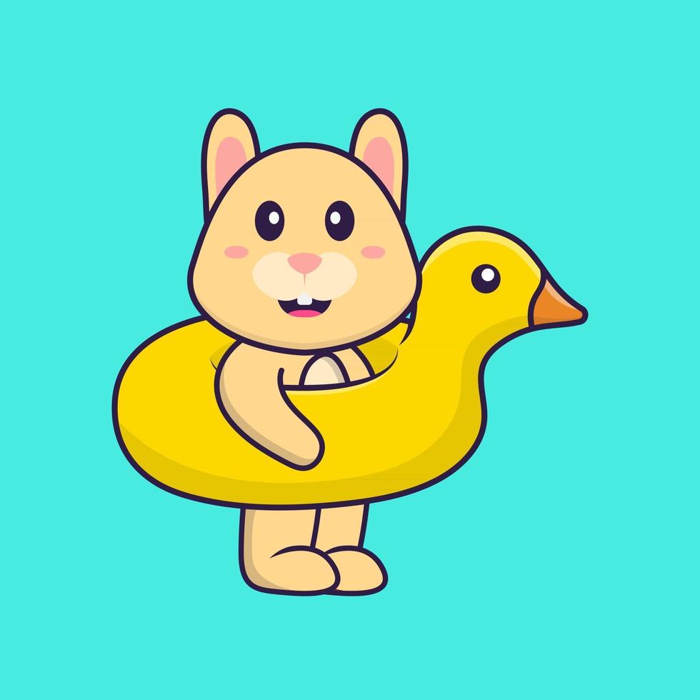 lapin mignon avec bouée de canard. concept de dessin animé animal isolé. peut être utilisé pour un t-shirt, une carte de voeux, une carte d'invitation ou une mascotte. style cartoon plat vecteur