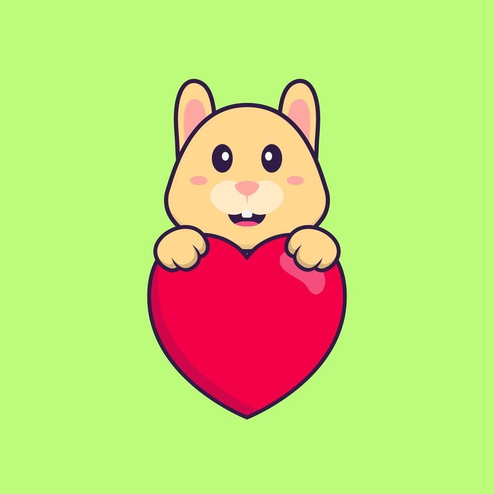 lapin mignon tenant un gros coeur rouge. concept de dessin animé animal isolé. peut être utilisé pour un t-shirt, une carte de voeux, une carte d'invitation ou une mascotte. style cartoon plat vecteur