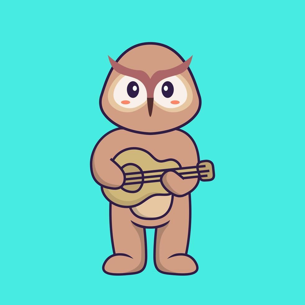 hibou mignon jouant de la guitare. concept de dessin animé animal isolé. peut être utilisé pour un t-shirt, une carte de voeux, une carte d'invitation ou une mascotte. style cartoon plat vecteur