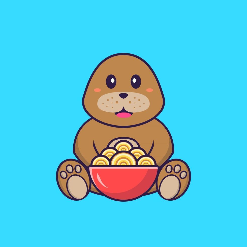 chien mignon mangeant des nouilles ramen. concept de dessin animé animal isolé. peut être utilisé pour un t-shirt, une carte de voeux, une carte d'invitation ou une mascotte. style cartoon plat vecteur