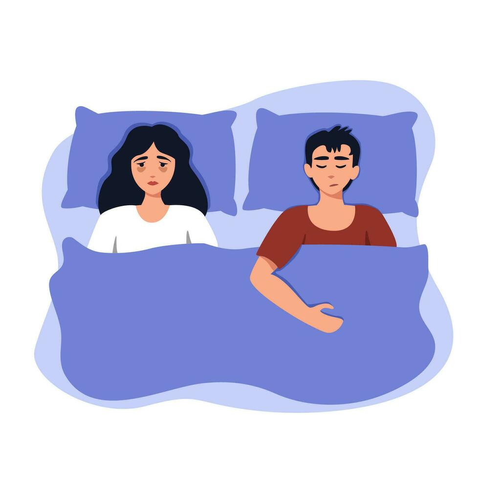 une femme et une homme sont mensonge dans lit, le femme ne peux pas dormir. mental désordre concept, dépression, insomnie. vecteur illustration