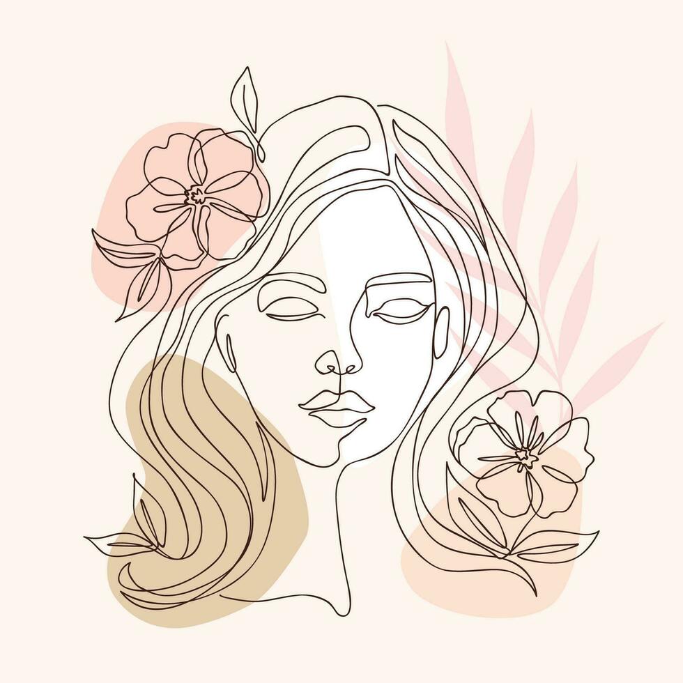 un ligne dessin de magnifique fille visage avec fleurs. vecteur illustration