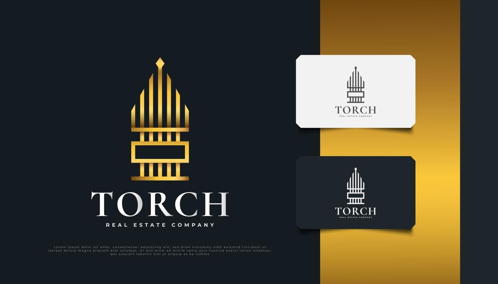 création de logo immobilier avec concept de torche en dégradé d'or. création de logo de construction, d'architecture ou de bâtiment vecteur