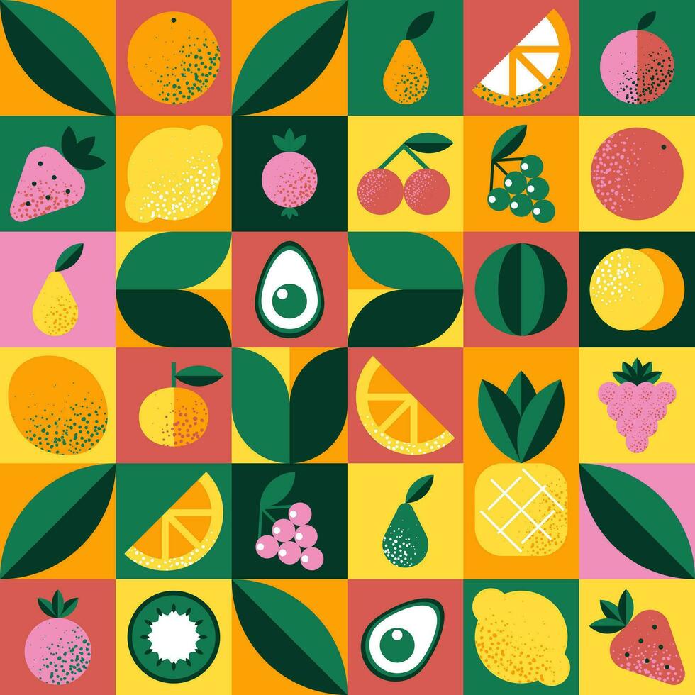 abstrait géométrique modèle avec divers des fruits dans bauhaus style. rétro la grille Contexte. ancien multicolore mosaïque tuile avec géométrique formes. texture pour textile, couverture, la toile conception, menu, restaurant. vecteur