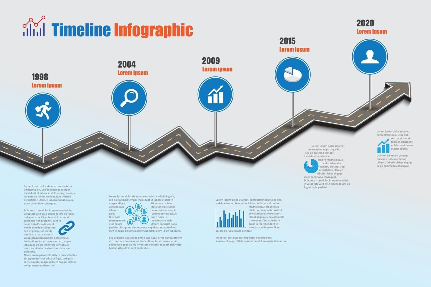 modèle d'infographie de chronologie de feuille de route d'entreprise avec des pointeurs conçus pour l'abstrait jalon diagramme moderne technologie de processus numérique marketing données présentation graphique illustration vectorielle vecteur