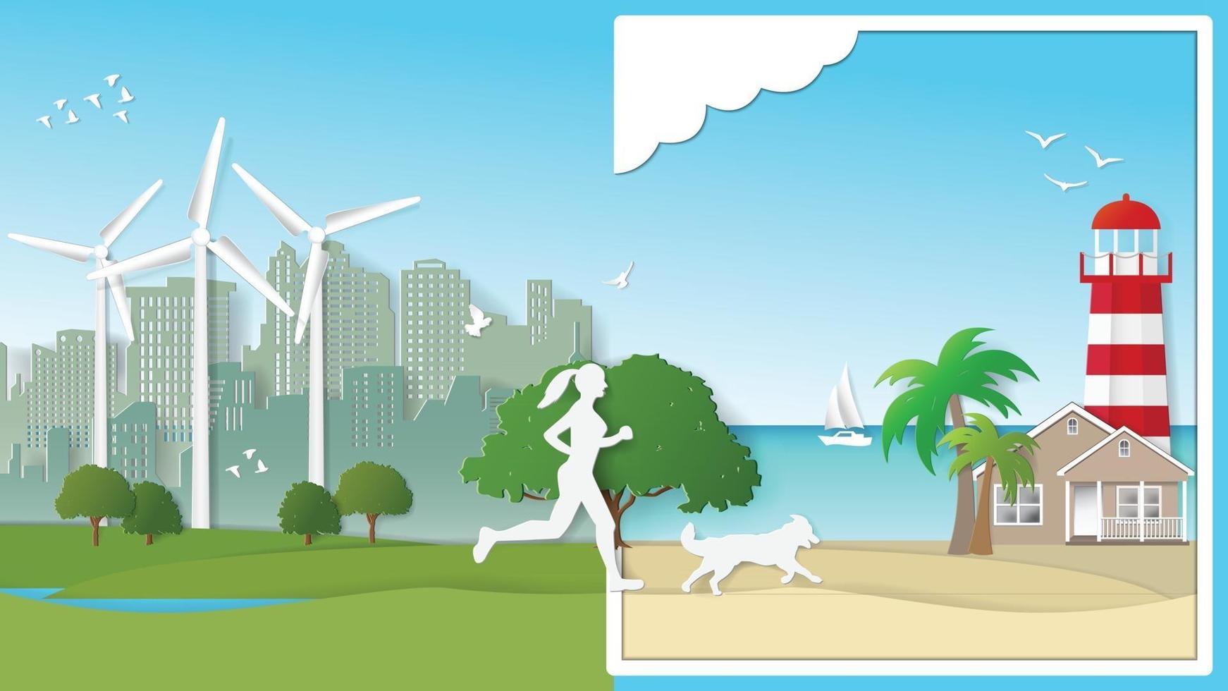 papier pliant art illustration vectorielle de style origami.concept d'énergie verte durable écologie respectueux de l'environnement, activités de plein air en solo, femme et chien courent seuls des parcs de la ville à la plage. vecteur