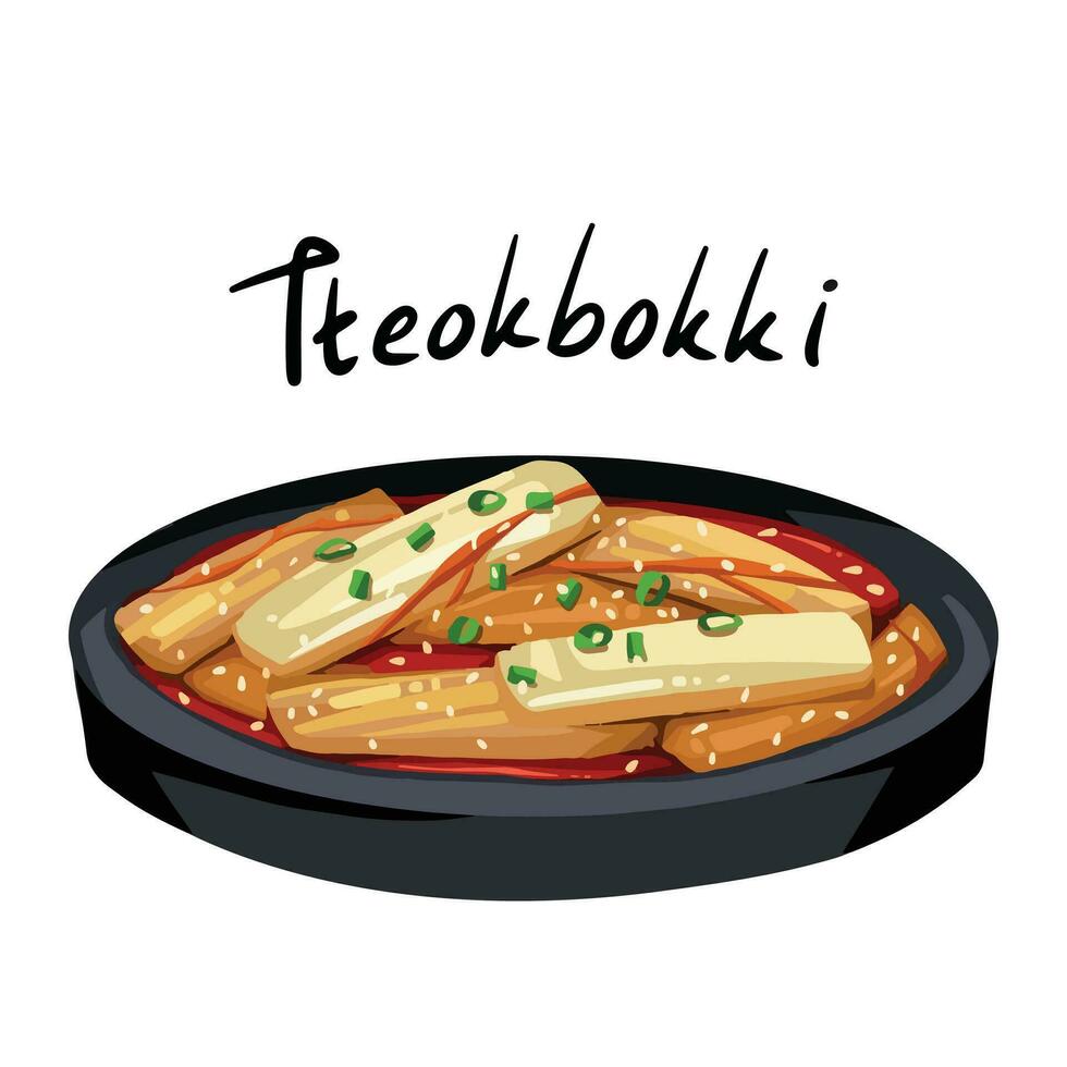 délicieux tteokbokki coréen nourriture vecteur illustration isolé sur carré blanc Contexte. chaud et épicé en sauce riz Gâteaux. Facile plat dessin animé art stylé dessin.