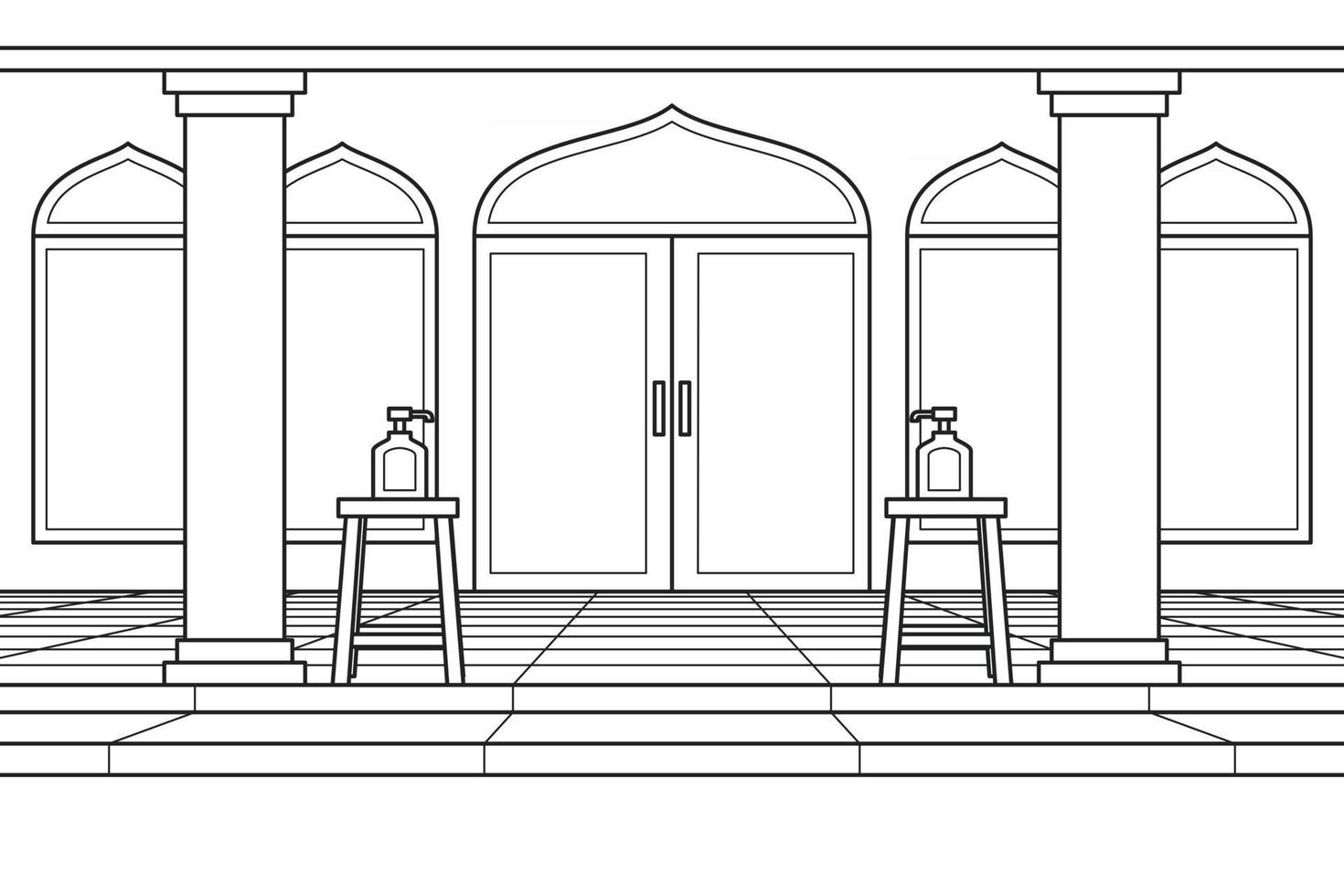 la cour de la mosquée avec désinfectant pour les mains devant la porte. vecteur. livre de coloriage. vecteur