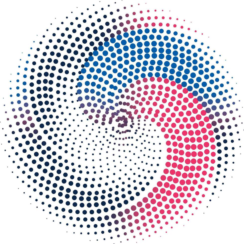 une circulaire point modèle avec bleu et rose couleurs, point cmyk noir pente symbole logotype circulaire forme spirale demi-teinte cercle rond abstrait cercle vecteur