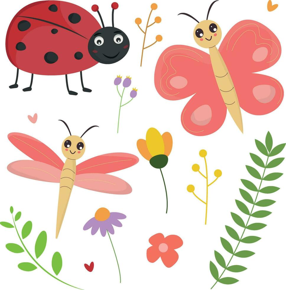 vecteur illustration de coccinelle et papillon