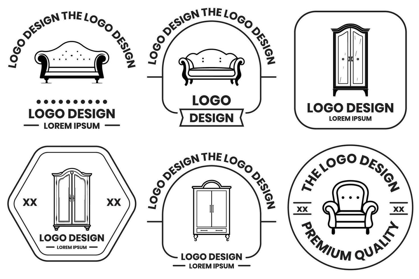 Accueil et Bureau meubles logo dans plat ligne art style vecteur