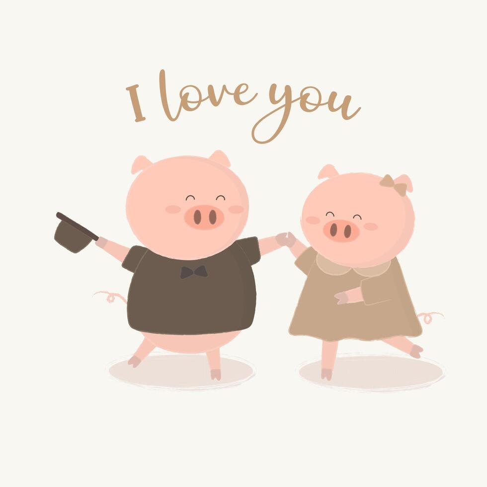 heureux amant de cochon danse dessin animé mignon animal romantique amoureux vecteur