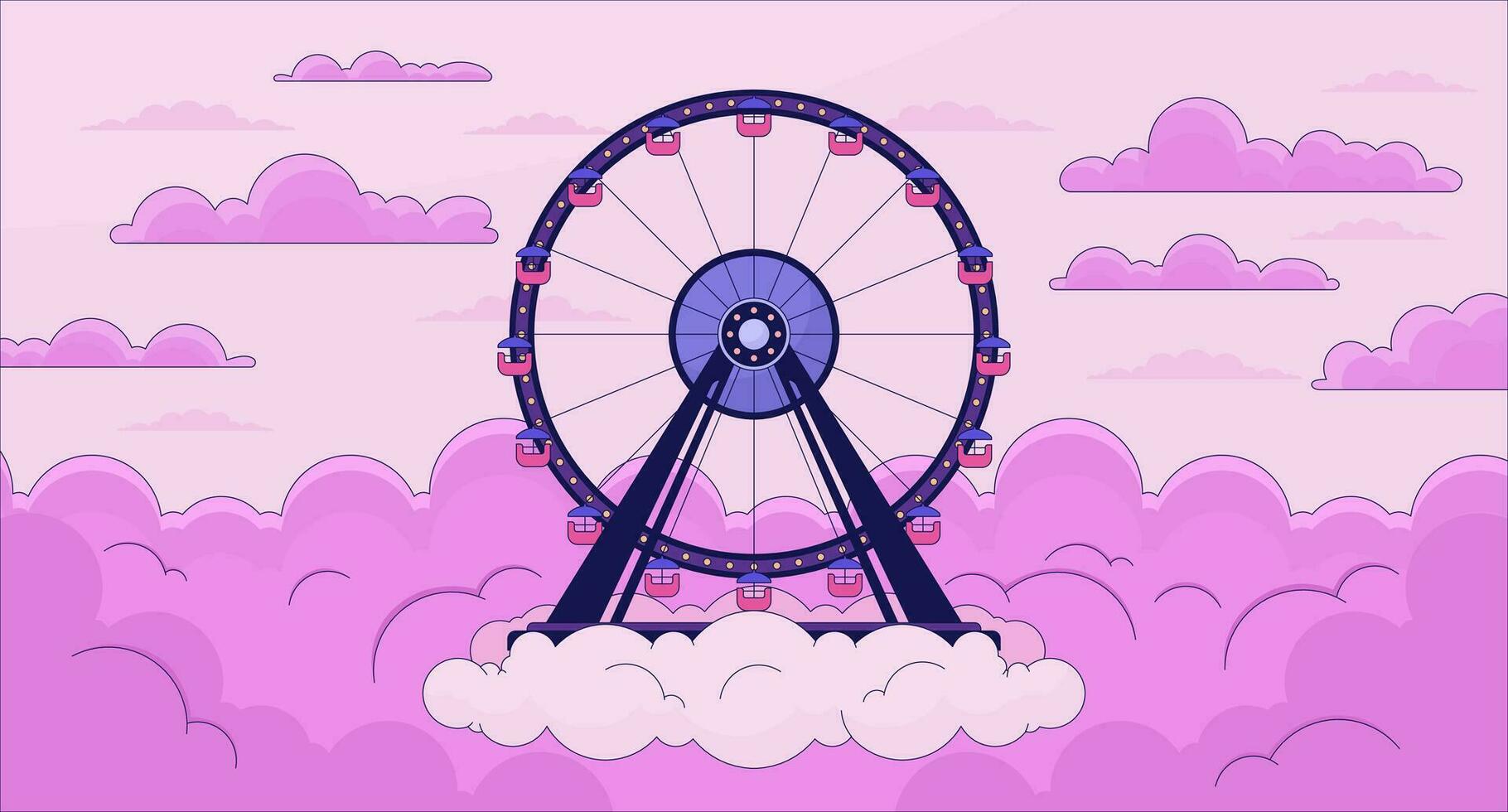 ferris roue le coucher du soleil des nuages lofi fond d'écran. champ de foire paradis cloudscape 2d scène dessin animé plat illustration. parc amusement lever du soleil spectaculaire ciel refroidissement vecteur art, lo Fi esthétique coloré Contexte