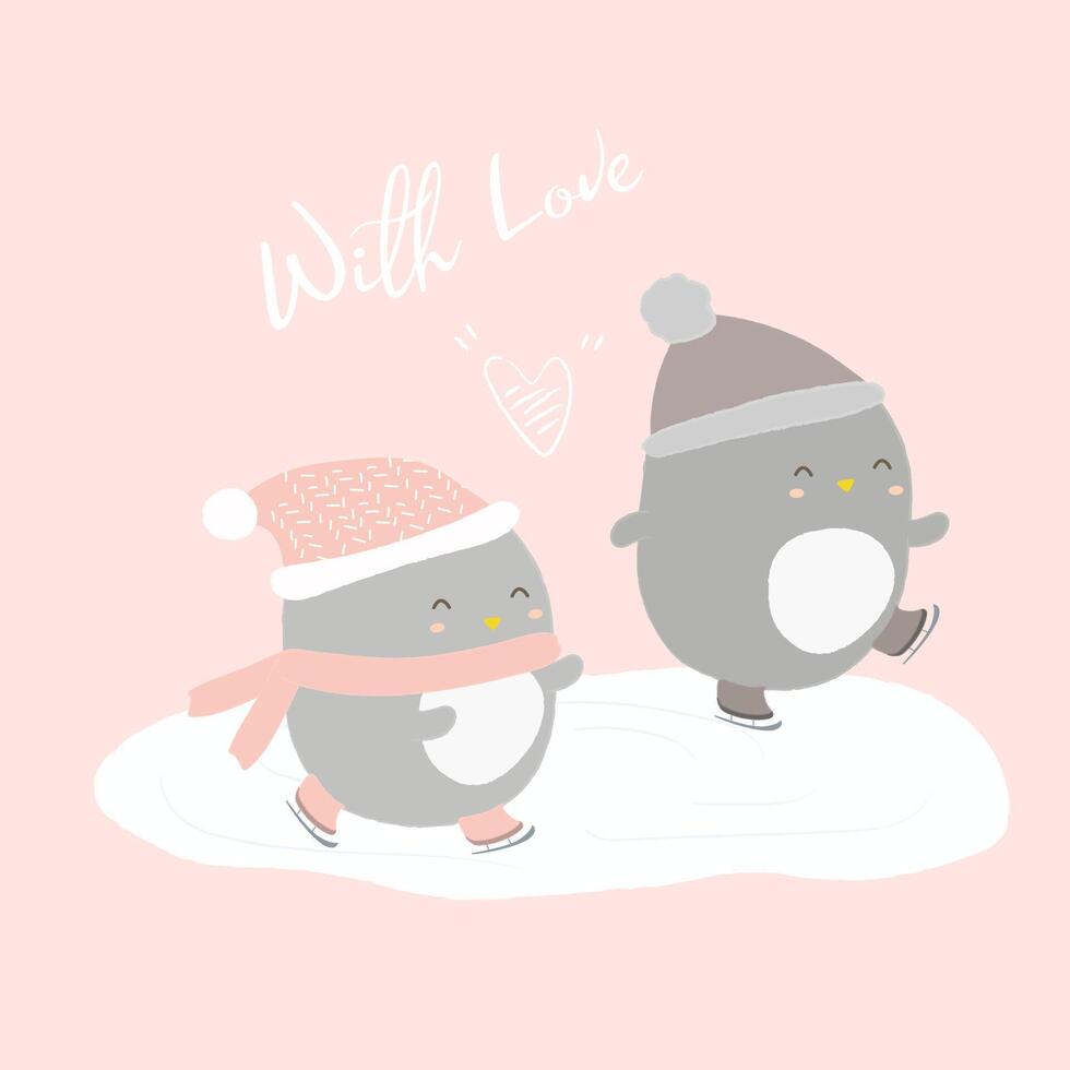 pingouin couple mignon dessin animé romantique amoureux vecteur