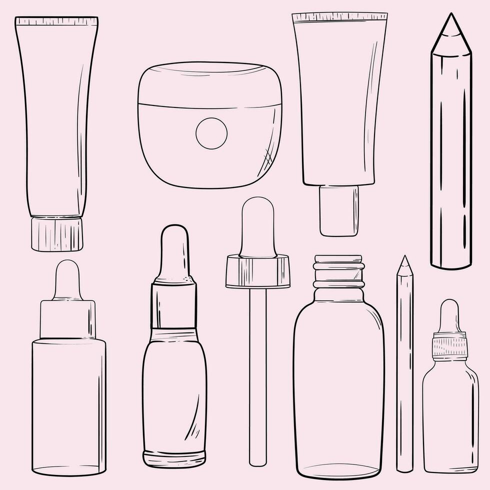 main tiré produits de beauté des produits. collections de peau santé et beauté illustrations, spa salon et soi se soucier panneaux. isolé vecteur ensemble.