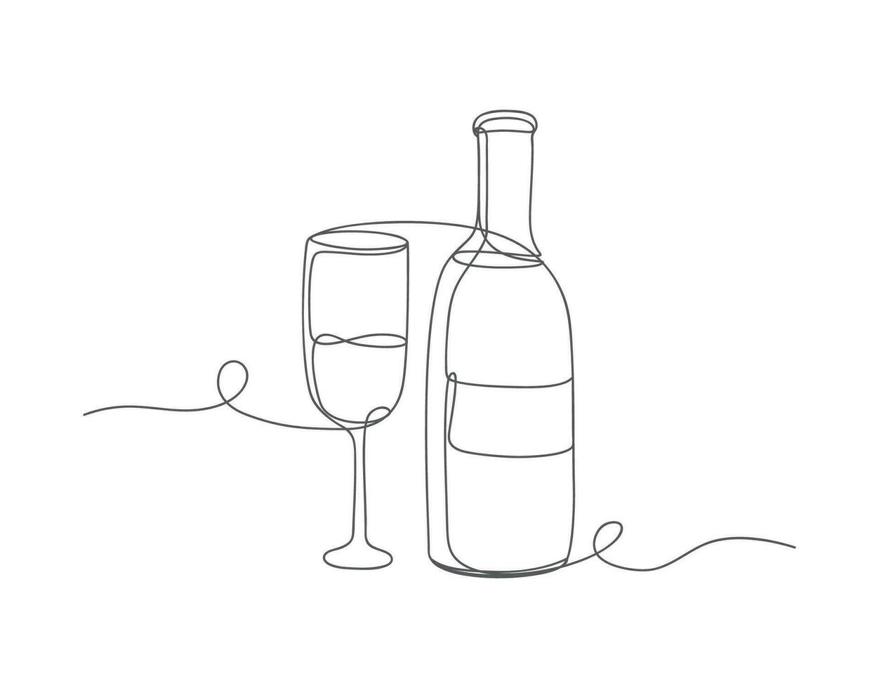 un ligne continu linéaire Champagne du vin verre et bouteille, Nouveau année fête vecteur illustration.