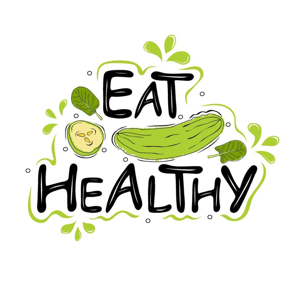 manger en bonne santé texte avec concombre tranche et épinard vecteur