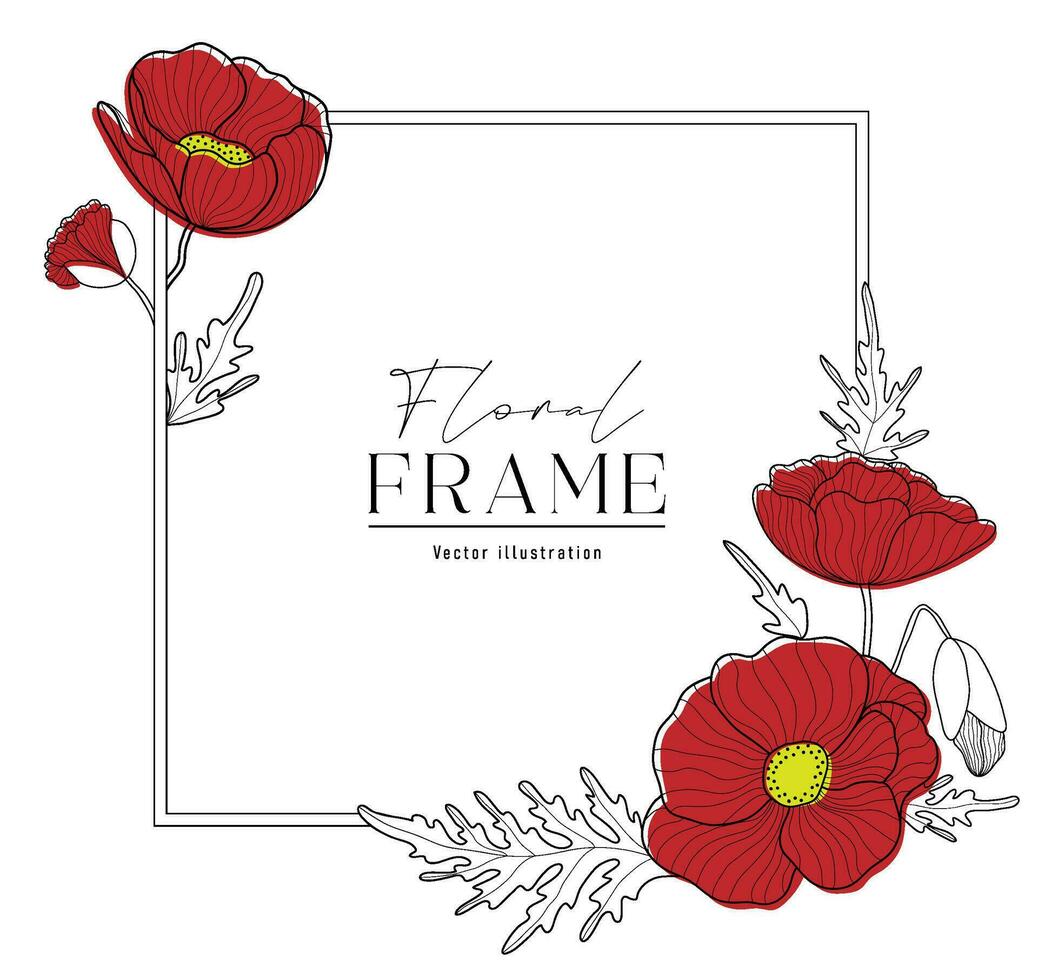 romantique carré Cadre avec rouge coquelicots. floral conception pour Étiquettes, l'image de marque affaires identité, mariage invitation vecteur