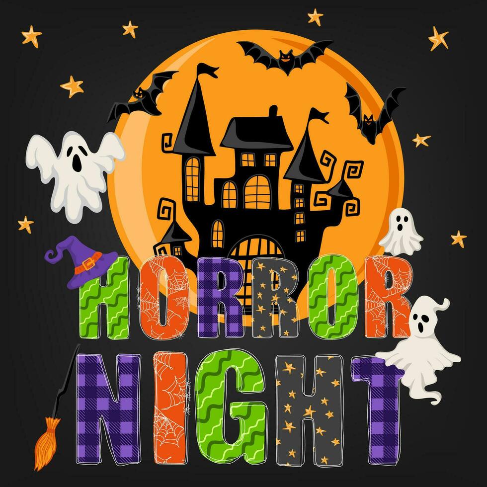 horreur nuit. main tiré griffonnage texte avec des fantômes, chauves-souris, château, lune et étoiles. content Halloween. vacances conception pour affiche, bannière, t chemise, carte, prospectus, invitation vecteur