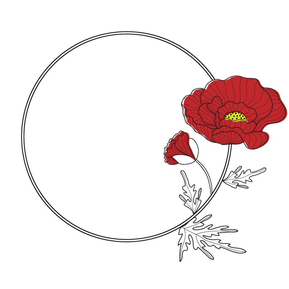 romantique cercle Cadre avec rouge coquelicots. floral couronne pour Étiquettes, l'image de marque affaires identité, mariage invitation. vecteur