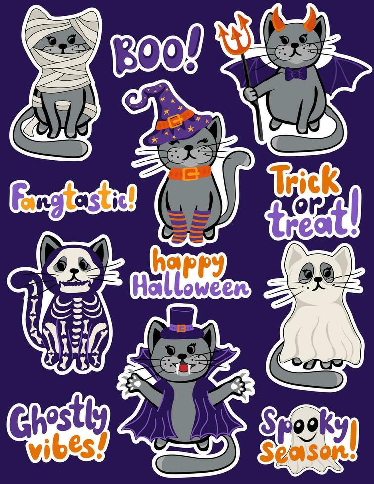 ensemble de Halloween autocollants avec mignonne chats dans effrayant tenues et marrant devis. parfait pour scrapbooking, salutation carte, fête invitation, affiche, étiqueter, autocollant trousse vecteur