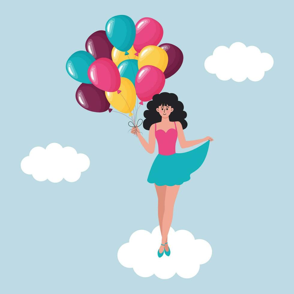 content Jeune femme avec bouquet de coloré air des ballons permanent sur le nuage dans le ciel. fête, vacances, anniversaire, faire la fête, rêver concept. vecteur