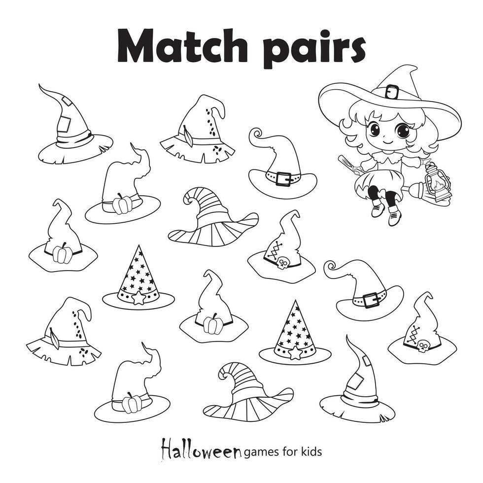 mini Jeux pour des gamins pour une Halloween faire la fête. trouver 4 paires de sorcière Chapeaux. classeur pour enfants d'âge préscolaire. mini Jeux pour les enfants. le mignonne sorcière perdu sa chapeau. éducation et divertissement pour les enfants vecteur