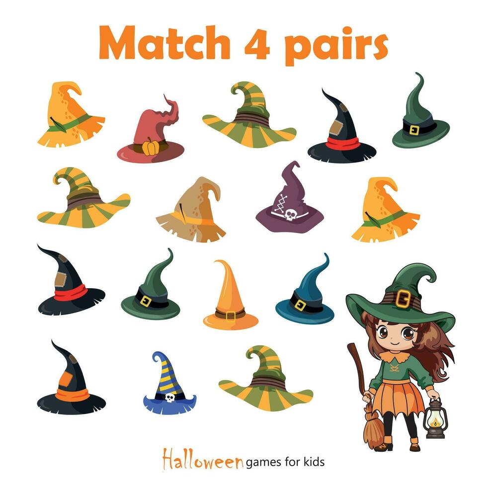 mini Jeux pour des gamins pour une Halloween faire la fête. trouver 4 paires de sorcière Chapeaux. classeur pour enfants d'âge préscolaire. mini Jeux pour les enfants. le mignonne sorcière perdu sa chapeau. éducation et divertissement pour les enfants vecteur