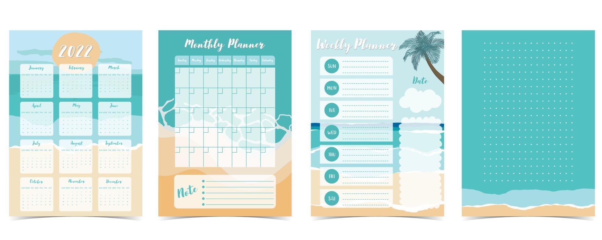 La semaine du calendrier de table 2022 commence le dimanche avec la plage et la mer qui utilise pour le format a4 a5 numérique vertical et imprimable vecteur