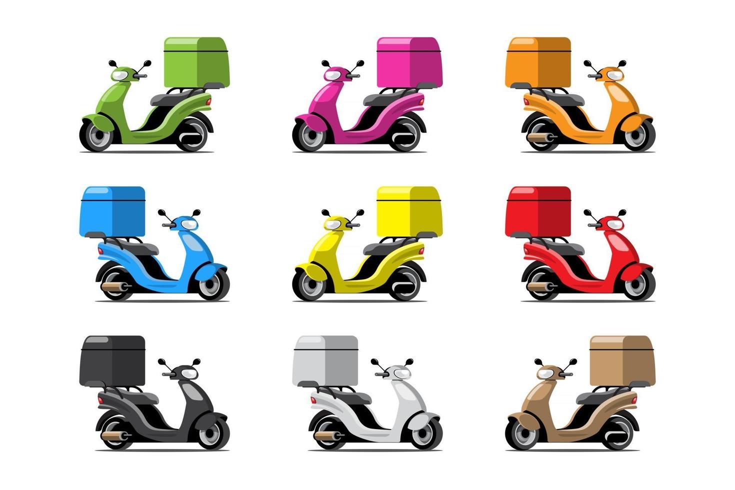 grand ensemble d'icônes colorées vectorielles moto isolées, illustrations plates de diverses motos colorées. livraison vélo, livraison de pizza et de nourriture, livraison instantanée, livraison en ligne. vecteur