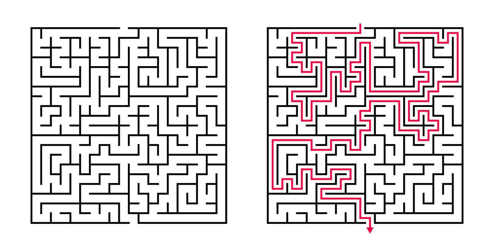 vecteur carré Labyrinthe - labyrinthe avec inclus Solution dans noir rouge. marrant éducatif esprit Jeu pour coordination, problèmes résoudre, décision fabrication compétences test.