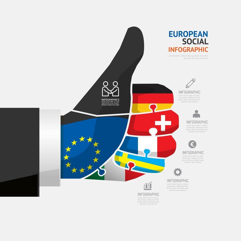 pouce de données d'entreprise vers le haut. éléments abstraits du concept de puzzle avec des icônes. illustration vectorielle modèle de conception d'infographie d'affaires et de voyage europe pour la présentation. vecteur