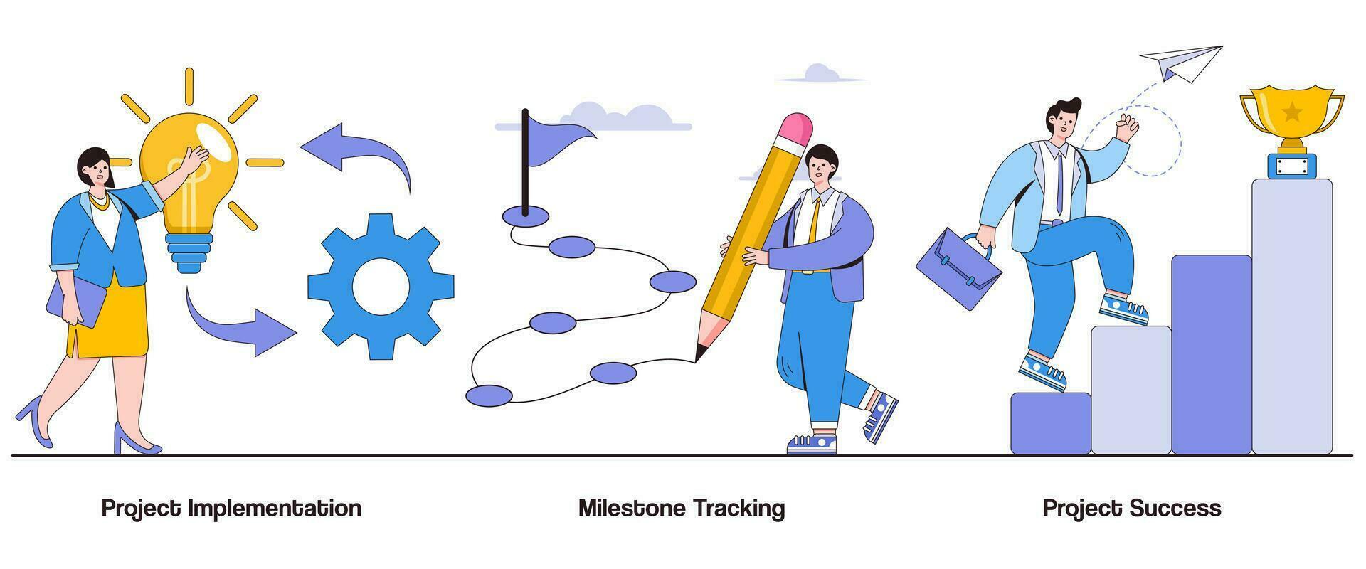 projet mise en œuvre, Étape importante suivi, projet Succès concept avec personnage. projet exécution abstrait vecteur illustration ensemble. projet planification, opportun livraison, objectif réussite métaphore
