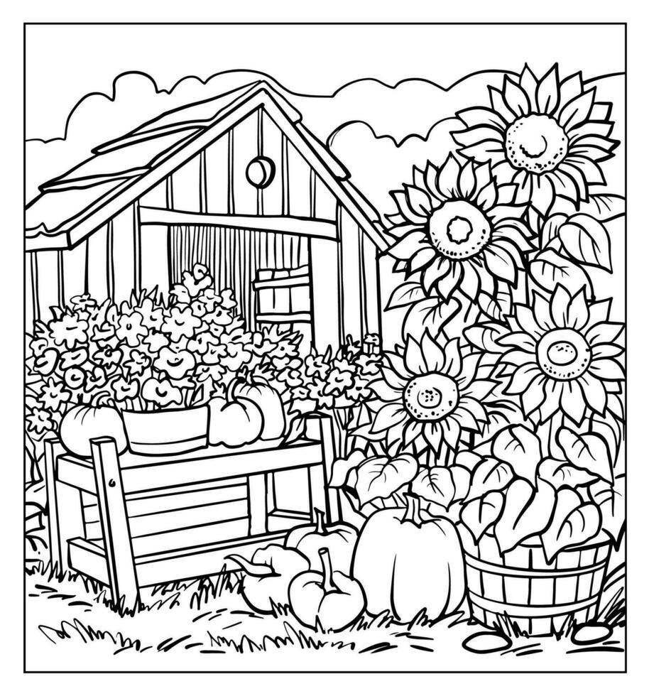 coloration livre anti stress pour les enfants et adultes. citrouilles et tournesols dans le jardin , illustration isolé sur blanc Contexte. vecteur