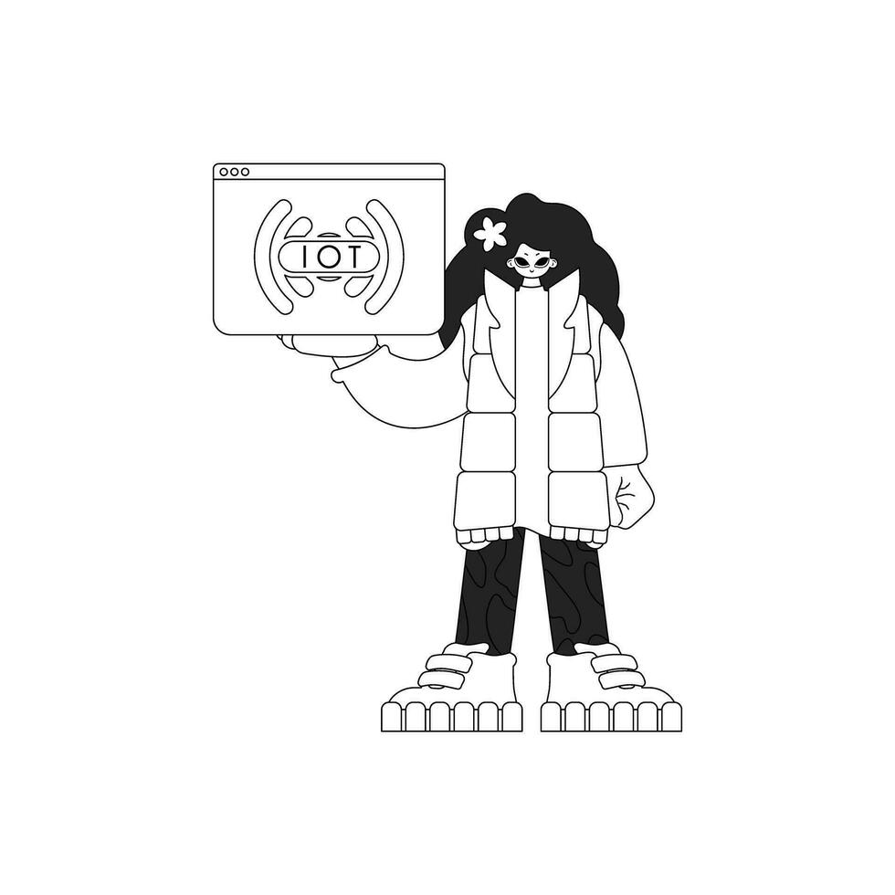 illustration de une femelle figure en portant une logo de le l'Internet de des choses dans vecteur linéaire art